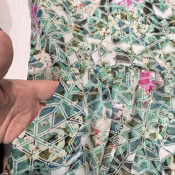 LOVERS + FRIENDS Deep Vee Back Geometric Mini Dress‎ XS Green Multi Silky Sexy - Picture 6 of 15